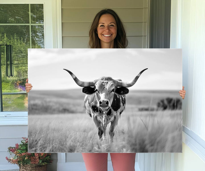 Texas Cow Longhorn Wall Art Canvas Print for Farm House Wall Decor, Farmhouse Wall Art Print