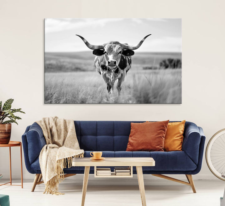 Texas Cow Longhorn Wall Art Canvas Print for Farm House Wall Decor, Farmhouse Wall Art Print