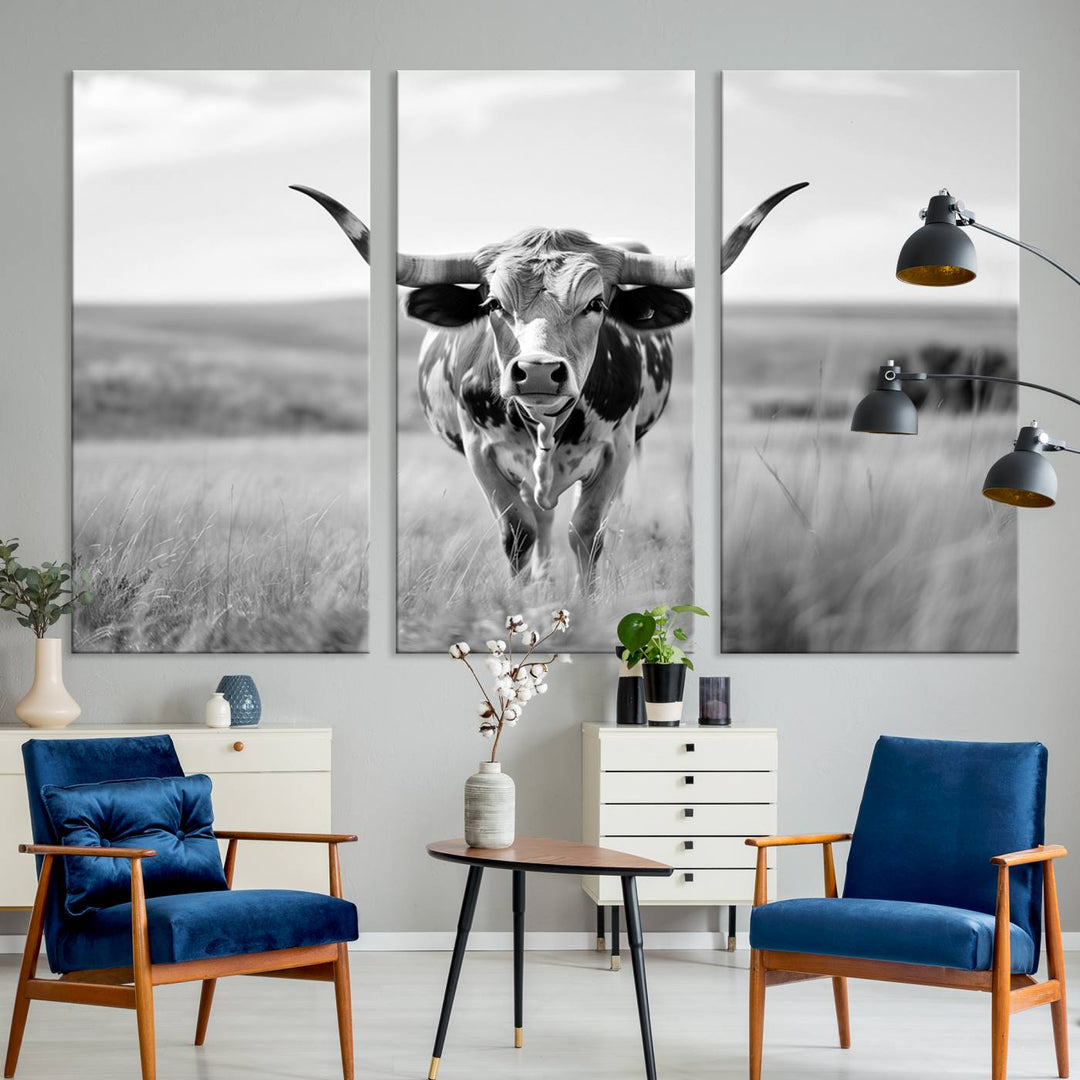 Texas Cow Longhorn Wall Art Canvas Print for Farm House Wall Decor, Farmhouse Wall Art Print