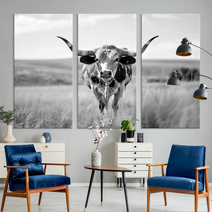 Texas Cow Longhorn Wall Art Canvas Print for Farm House Wall Decor, Farmhouse Wall Art Print