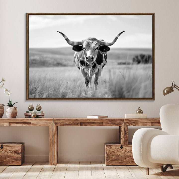 24487-MGV-FC-36X24_Walnut-Texas Cow Longhorn Wall Art Canvas Print for Farm House Wall Decor, Farmhouse Wall Art Print