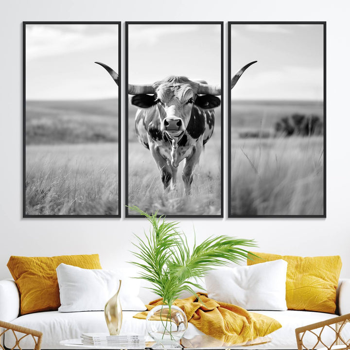 24487-MGV-FC-48X32-3P_Black-Texas Cow Longhorn Wall Art Canvas Print for Farm House Wall Decor, Farmhouse Wall Art Print
