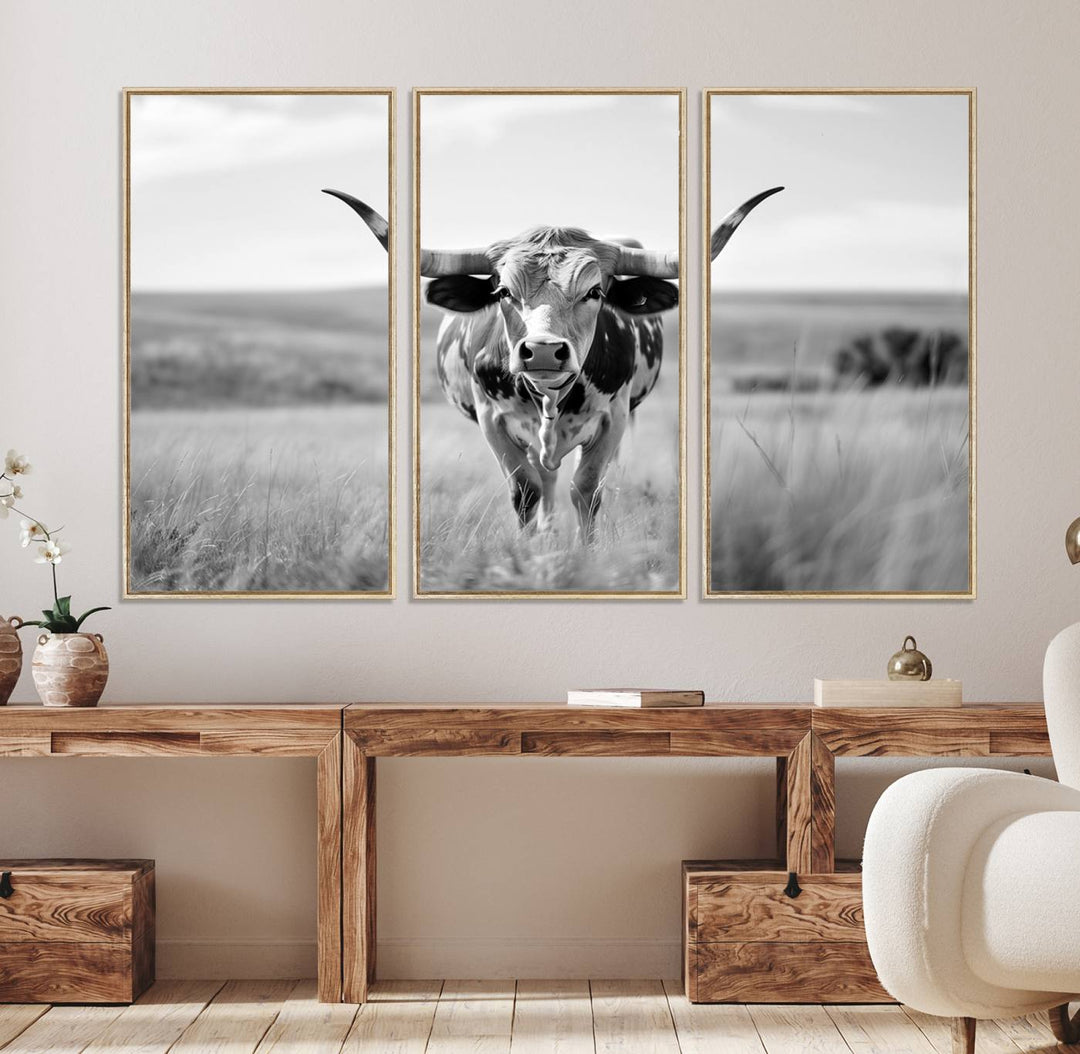 24487-MGV-FC-48X32-3P_Natural-Texas Cow Longhorn Wall Art Canvas Print for Farm House Wall Decor, Farmhouse Wall Art Print