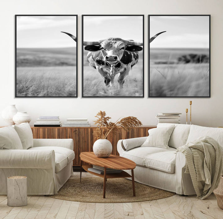 24487-MGV-FC-60X30-3P_Black-Texas Cow Longhorn Wall Art Canvas Print for Farm House Wall Decor, Farmhouse Wall Art Print