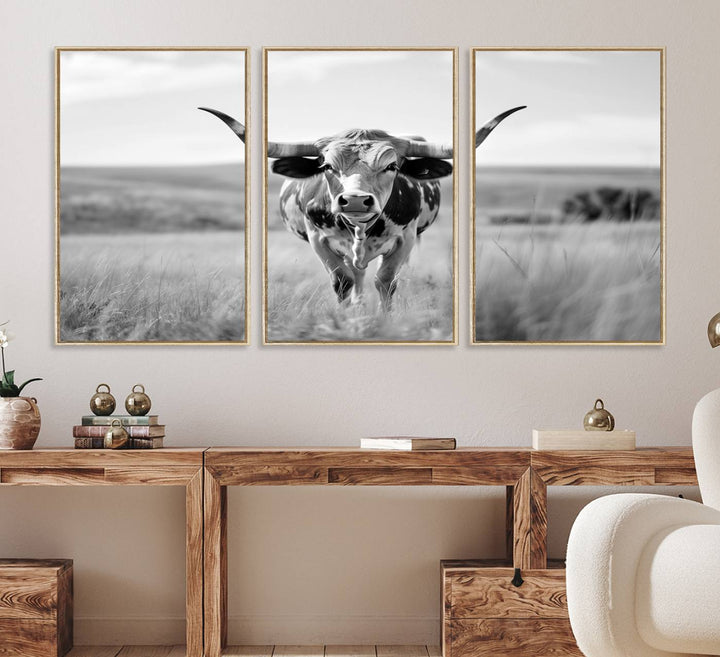 24487-MGV-FC-60X30-3P_Natural-Texas Cow Longhorn Wall Art Canvas Print for Farm House Wall Decor, Farmhouse Wall Art Print
