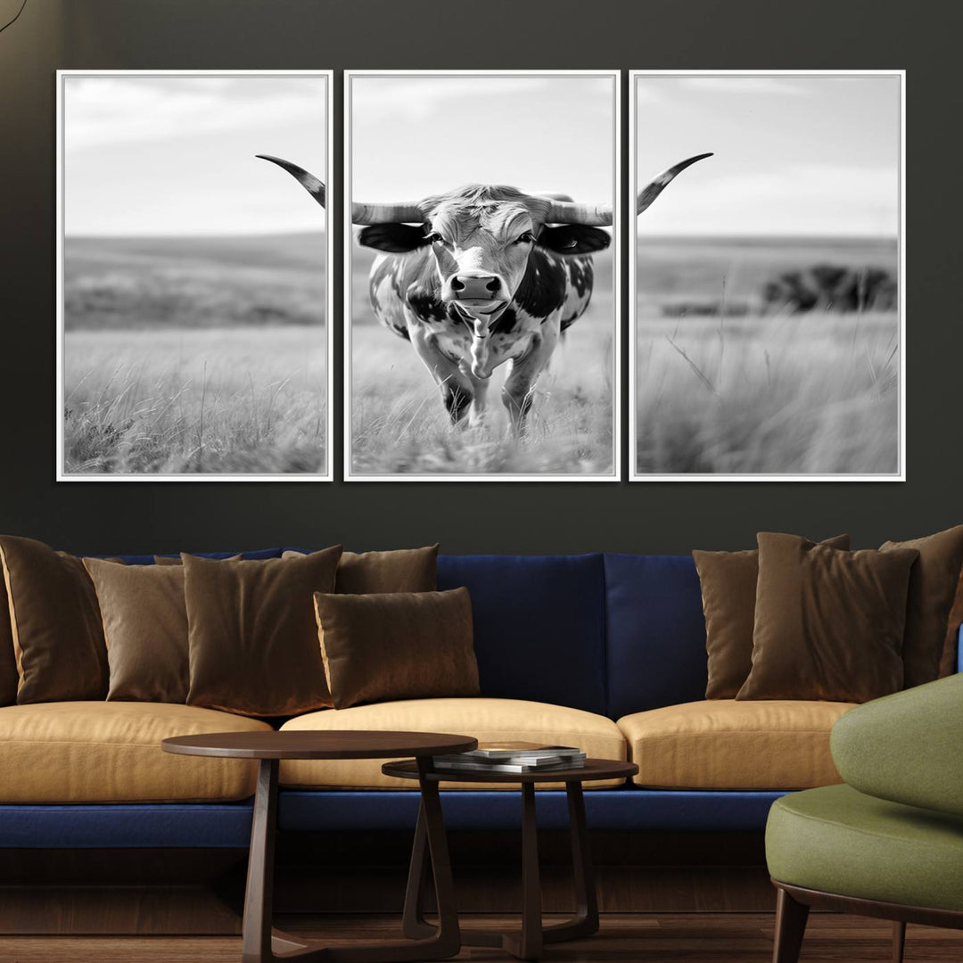 24487-MGV-FC-60X30-3P_White-Texas Cow Longhorn Wall Art Canvas Print for Farm House Wall Decor, Farmhouse Wall Art Print