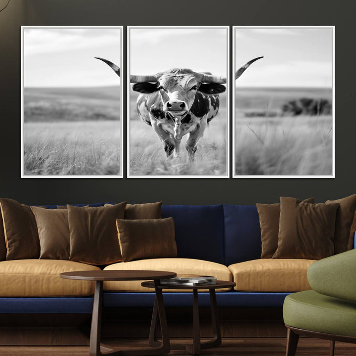 24487-MGV-FC-60X30-3P_White-Texas Cow Longhorn Wall Art Canvas Print for Farm House Wall Decor, Farmhouse Wall Art Print