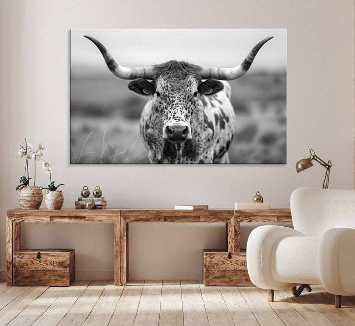 Texas Cow Longhorn Wall Art Canvas Print for Farm House Wall Decor, Farmhouse Wall Art Print