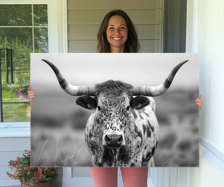 Texas Cow Longhorn Wall Art Canvas Print for Farm House Wall Decor, Farmhouse Wall Art Print