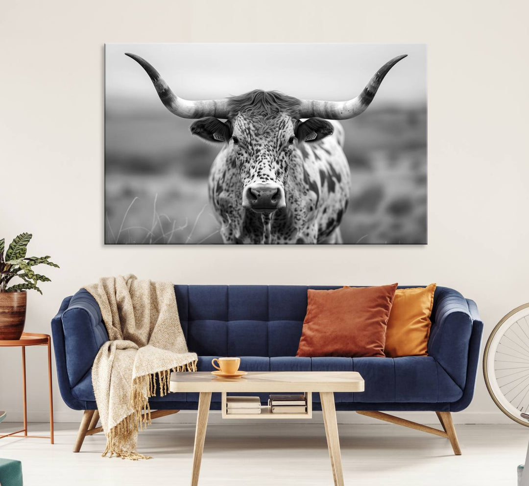 Texas Cow Longhorn Wall Art Canvas Print for Farm House Wall Decor, Farmhouse Wall Art Print