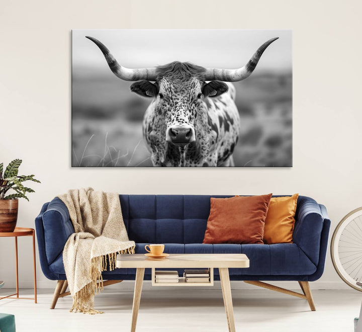 Texas Cow Longhorn Wall Art Canvas Print for Farm House Wall Decor, Farmhouse Wall Art Print