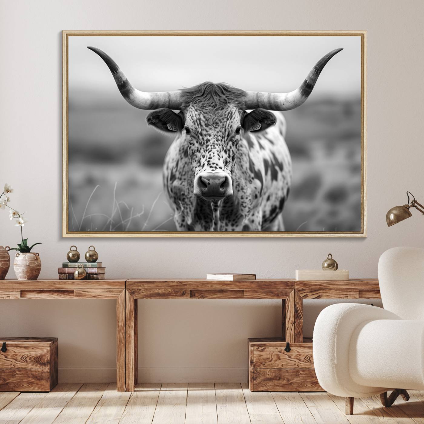 77331-MGV-FC-36X24_Natural-Texas Cow Longhorn Wall Art Canvas Print for Farm House Wall Decor, Farmhouse Wall Art Print