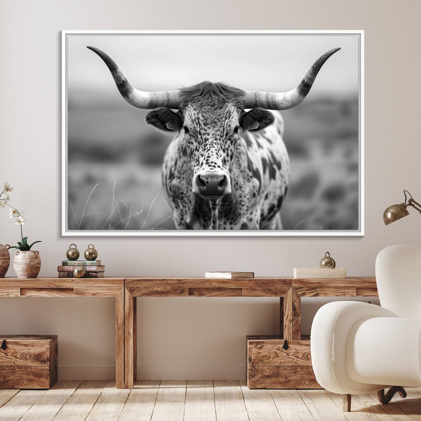 77331-MGV-FC-36X24_White-Texas Cow Longhorn Wall Art Canvas Print for Farm House Wall Decor, Farmhouse Wall Art Print