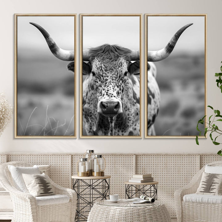 77331-MGV-FC-48X32-3P_Natural-Texas Cow Longhorn Wall Art Canvas Print for Farm House Wall Decor, Farmhouse Wall Art Print