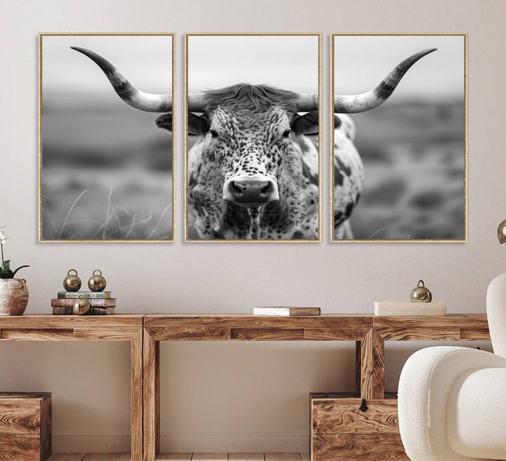 77331-MGV-FC-60X30-3P_Natural-Texas Cow Longhorn Wall Art Canvas Print for Farm House Wall Decor, Farmhouse Wall Art Print