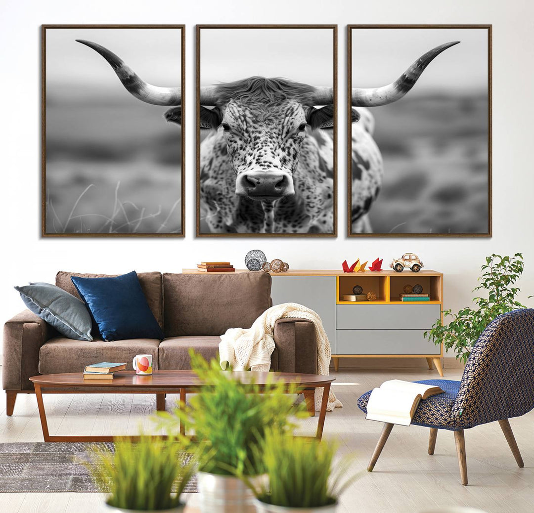 77331-MGV-FC-60X30-3P_Walnut-Texas Cow Longhorn Wall Art Canvas Print for Farm House Wall Decor, Farmhouse Wall Art Print
