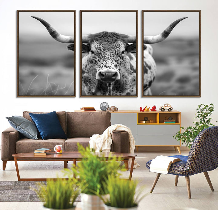 77331-MGV-FC-60X30-3P_Walnut-Texas Cow Longhorn Wall Art Canvas Print for Farm House Wall Decor, Farmhouse Wall Art Print