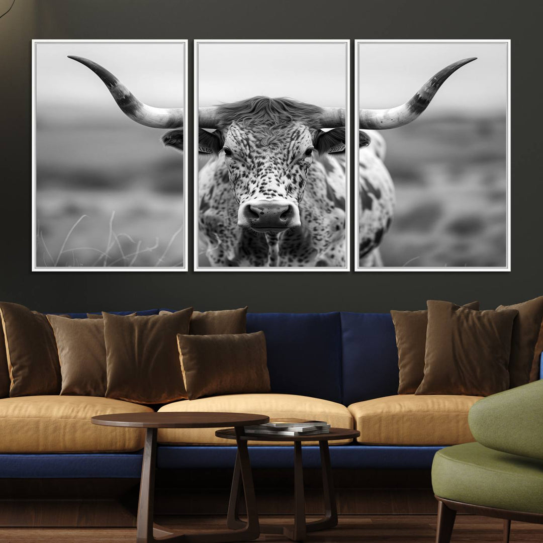 77331-MGV-FC-60X30-3P_White-Texas Cow Longhorn Wall Art Canvas Print for Farm House Wall Decor, Farmhouse Wall Art Print