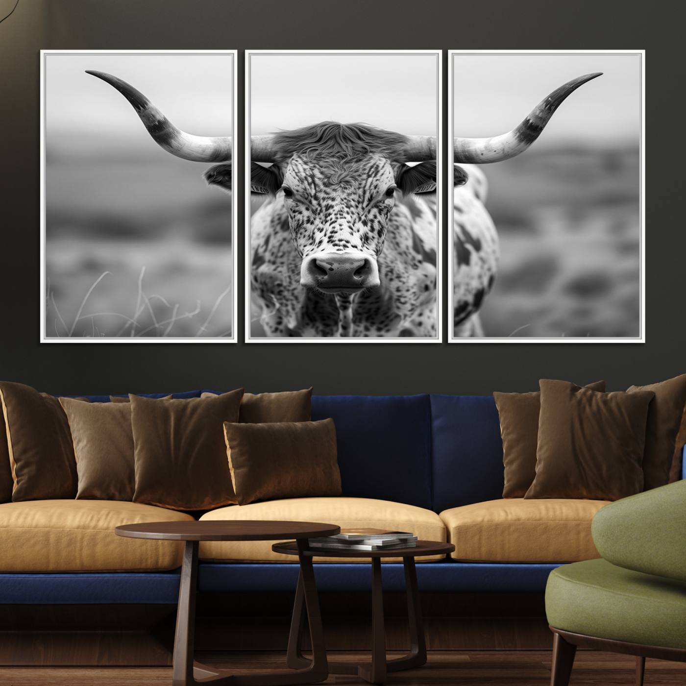 77331-MGV-FC-60X30-3P_White-Texas Cow Longhorn Wall Art Canvas Print for Farm House Wall Decor, Farmhouse Wall Art Print