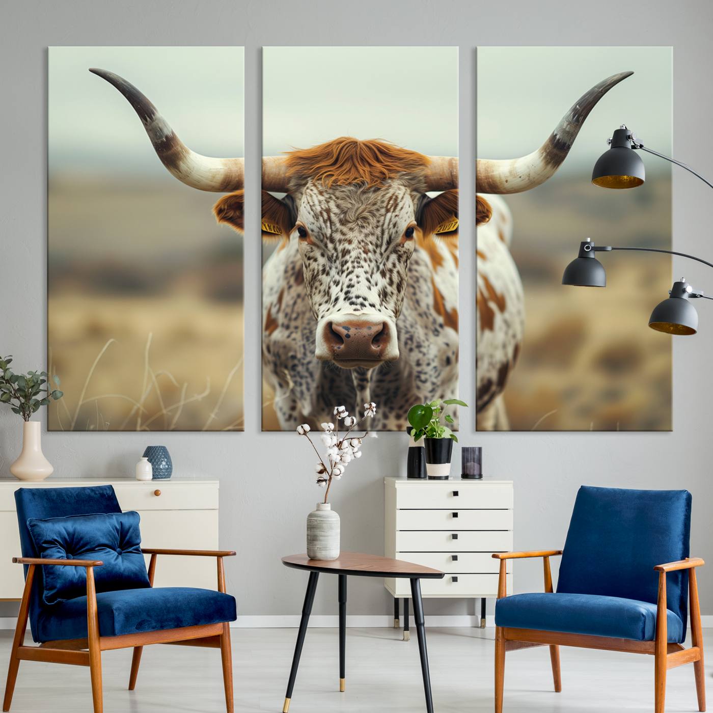 91312-MGV-CV-48X32-3P-Texas Cow Longhorn Wall Art Canvas Print for Farm House Wall Decor, Farmhouse Wall Art Print