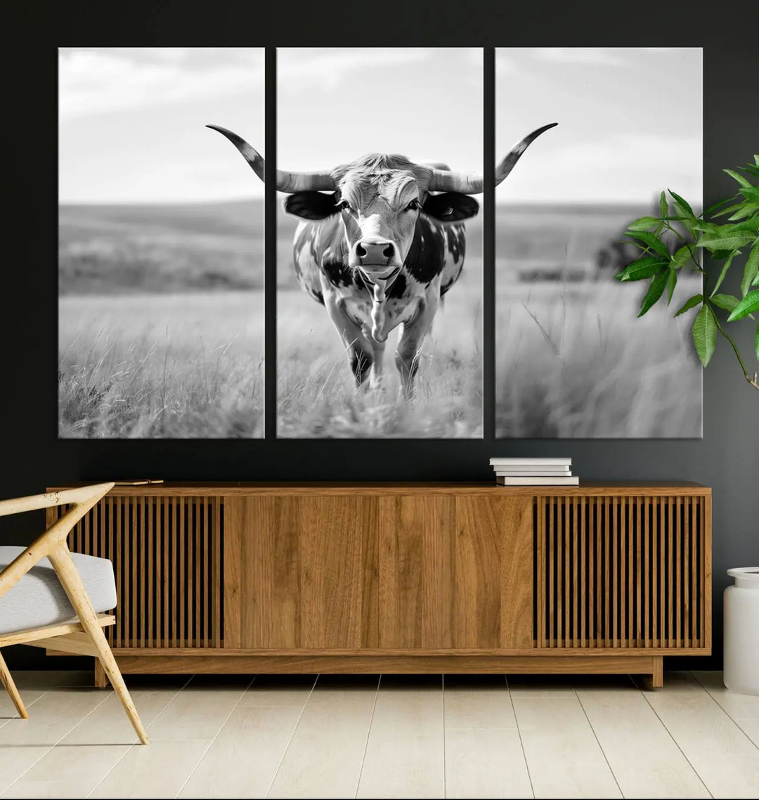 A set of Texas Cow Longhorn Wall Art Canvas Prints is displayed, adding a touch of rustic farmhouse décor.