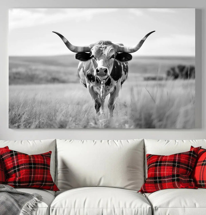 A set of Texas Cow Longhorn Wall Art Canvas Prints is displayed, adding a touch of rustic farmhouse décor.