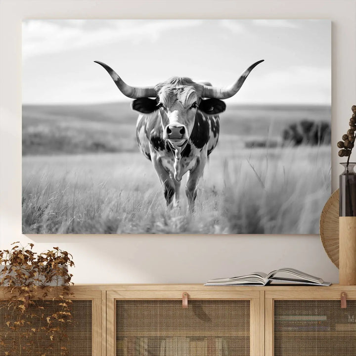 A set of Texas Cow Longhorn Wall Art Canvas Prints is displayed, adding a touch of rustic farmhouse décor.