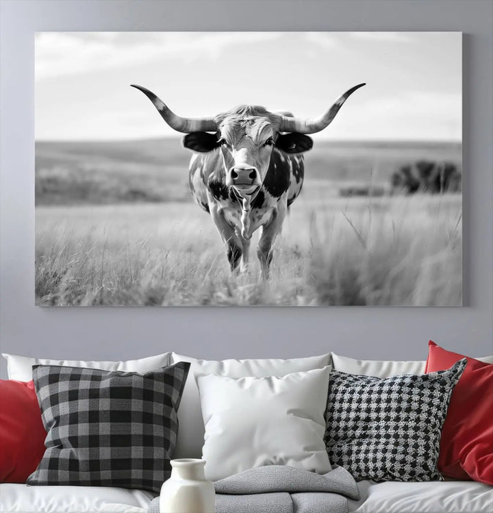 A set of Texas Cow Longhorn Wall Art Canvas Prints is displayed, adding a touch of rustic farmhouse décor.