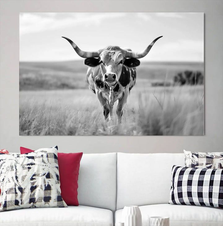 A set of Texas Cow Longhorn Wall Art Canvas Prints is displayed, adding a touch of rustic farmhouse décor.