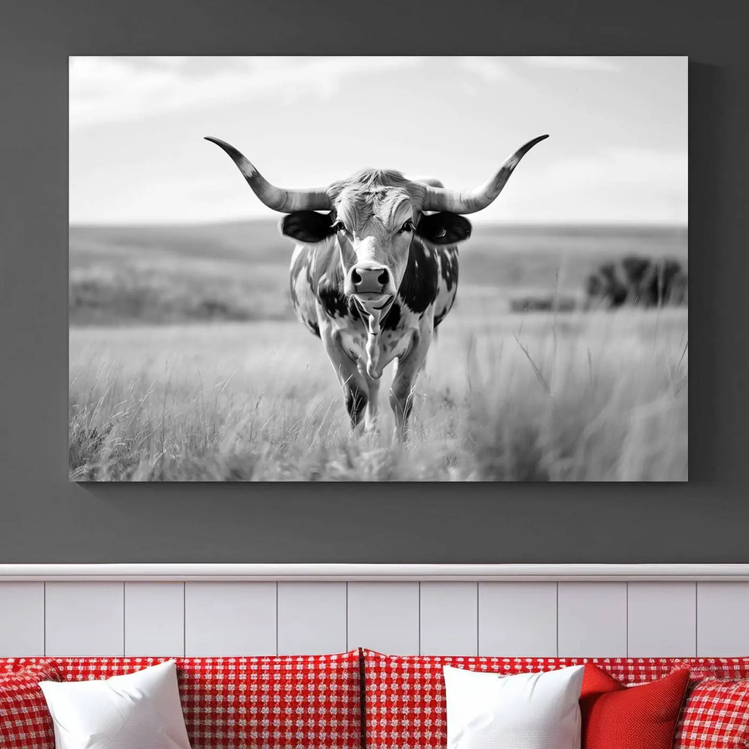 A set of Texas Cow Longhorn Wall Art Canvas Prints is displayed, adding a touch of rustic farmhouse décor.