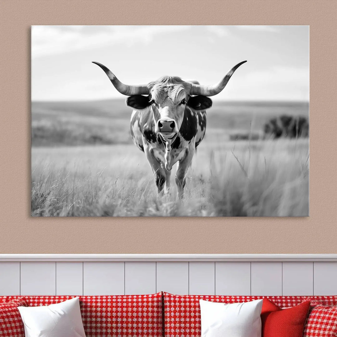 A set of Texas Cow Longhorn Wall Art Canvas Prints is displayed, adding a touch of rustic farmhouse décor.