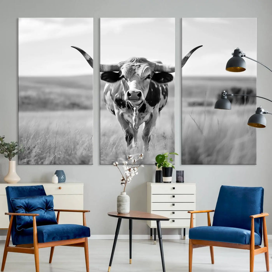 A set of Texas Cow Longhorn Wall Art Canvas Prints is displayed, adding a touch of rustic farmhouse décor.