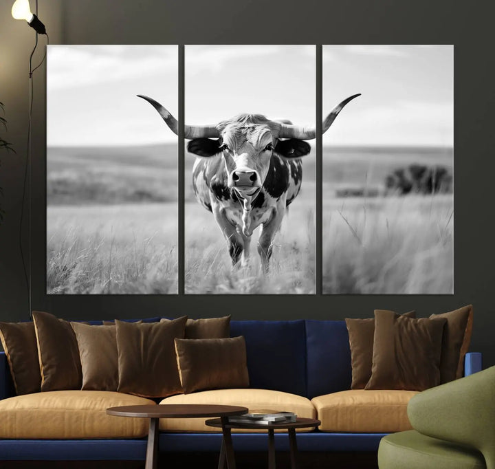 A set of Texas Cow Longhorn Wall Art Canvas Prints is displayed, adding a touch of rustic farmhouse décor.