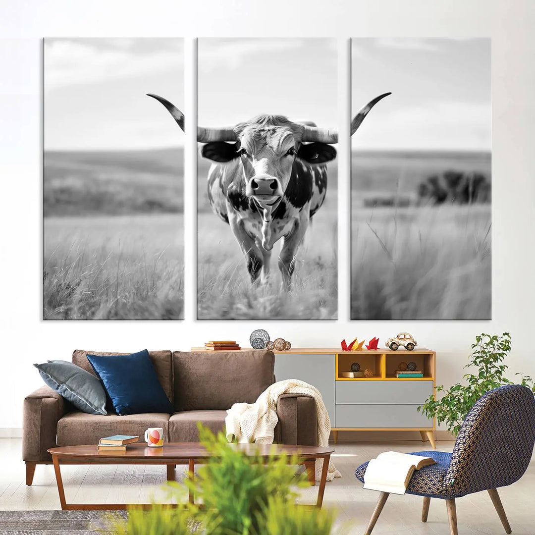 A set of Texas Cow Longhorn Wall Art Canvas Prints is displayed, adding a touch of rustic farmhouse décor.