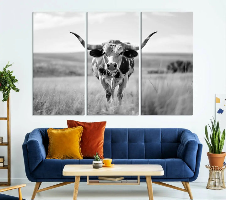 A set of Texas Cow Longhorn Wall Art Canvas Prints is displayed, adding a touch of rustic farmhouse décor.