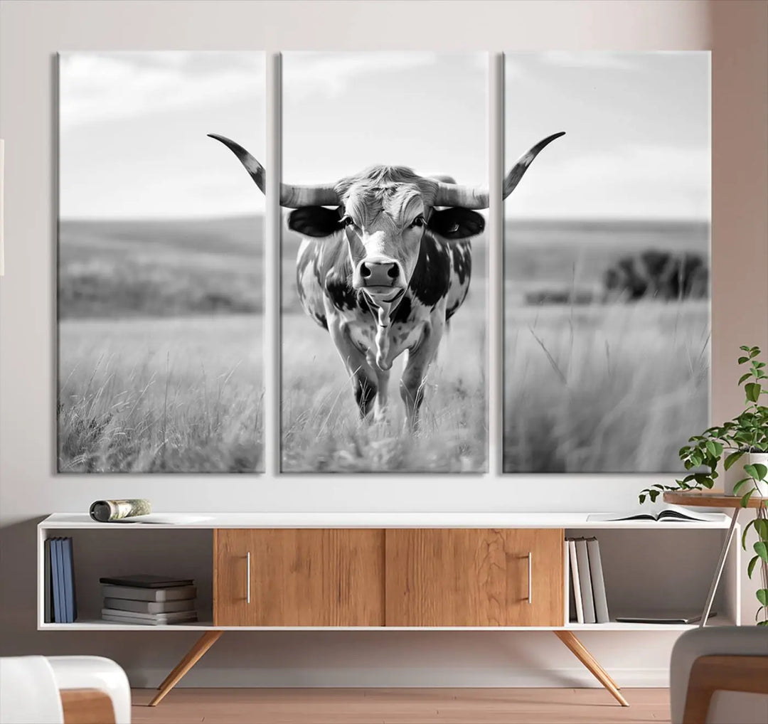 A set of Texas Cow Longhorn Wall Art Canvas Prints is displayed, adding a touch of rustic farmhouse décor.