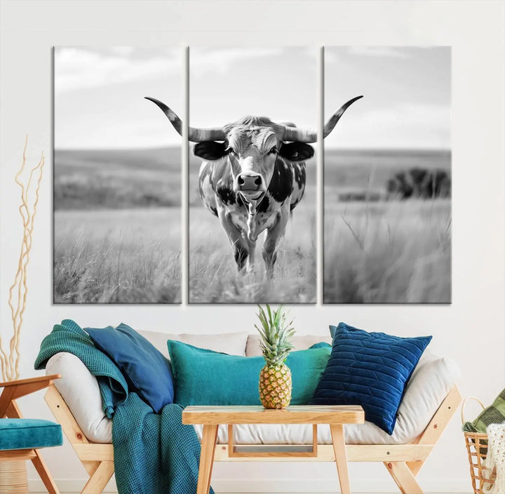 A set of Texas Cow Longhorn Wall Art Canvas Prints is displayed, adding a touch of rustic farmhouse décor.