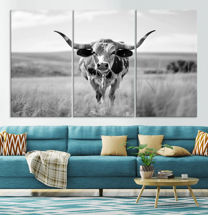 A set of Texas Cow Longhorn Wall Art Canvas Prints is displayed, adding a touch of rustic farmhouse décor.