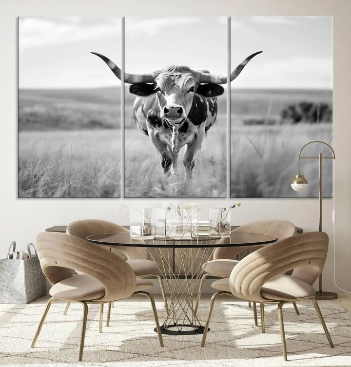 A set of Texas Cow Longhorn Wall Art Canvas Prints is displayed, adding a touch of rustic farmhouse décor.