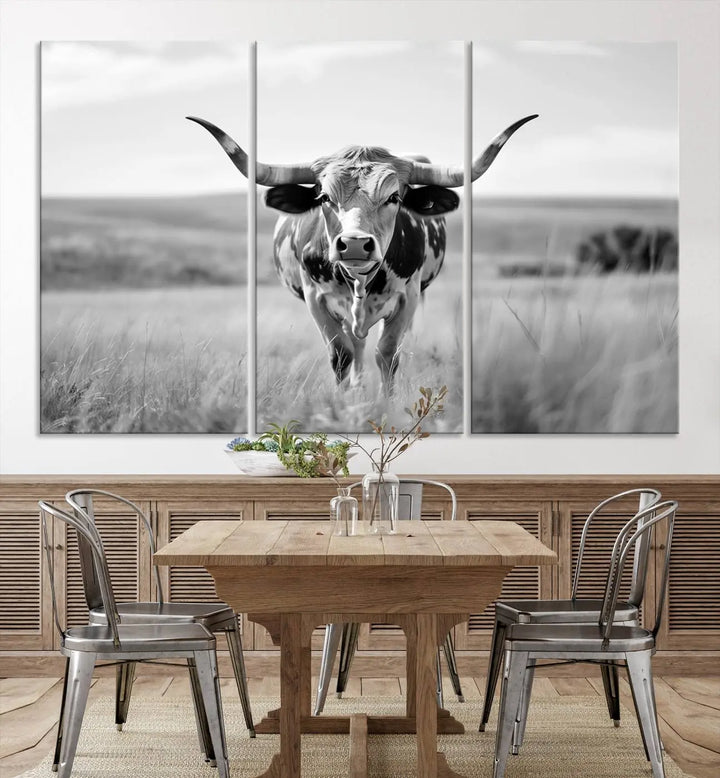 A set of Texas Cow Longhorn Wall Art Canvas Prints is displayed, adding a touch of rustic farmhouse décor.