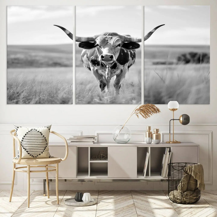 A set of Texas Cow Longhorn Wall Art Canvas Prints is displayed, adding a touch of rustic farmhouse décor.