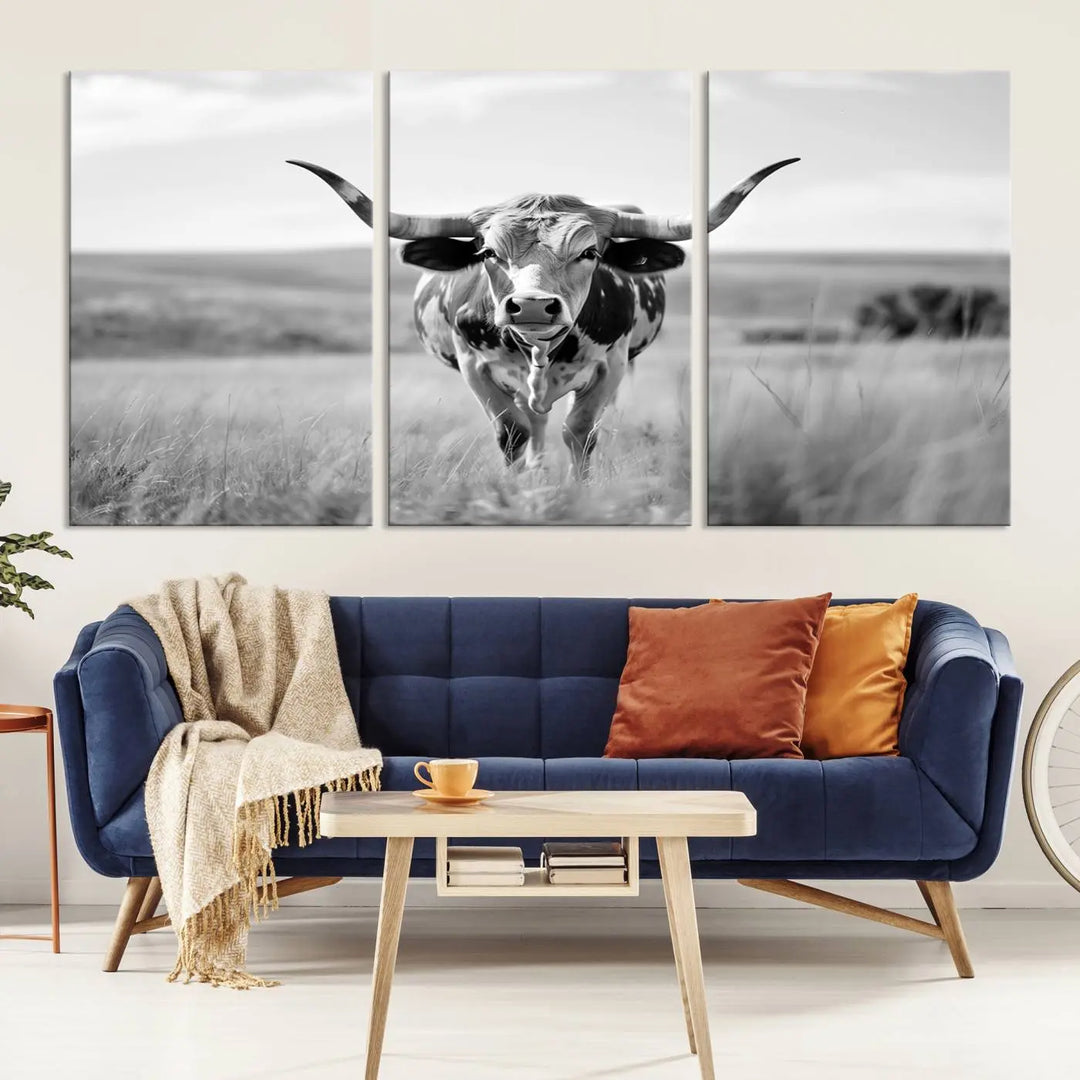 A set of Texas Cow Longhorn Wall Art Canvas Prints is displayed, adding a touch of rustic farmhouse décor.