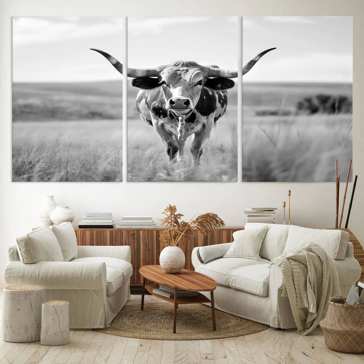 A set of Texas Cow Longhorn Wall Art Canvas Prints is displayed, adding a touch of rustic farmhouse décor.