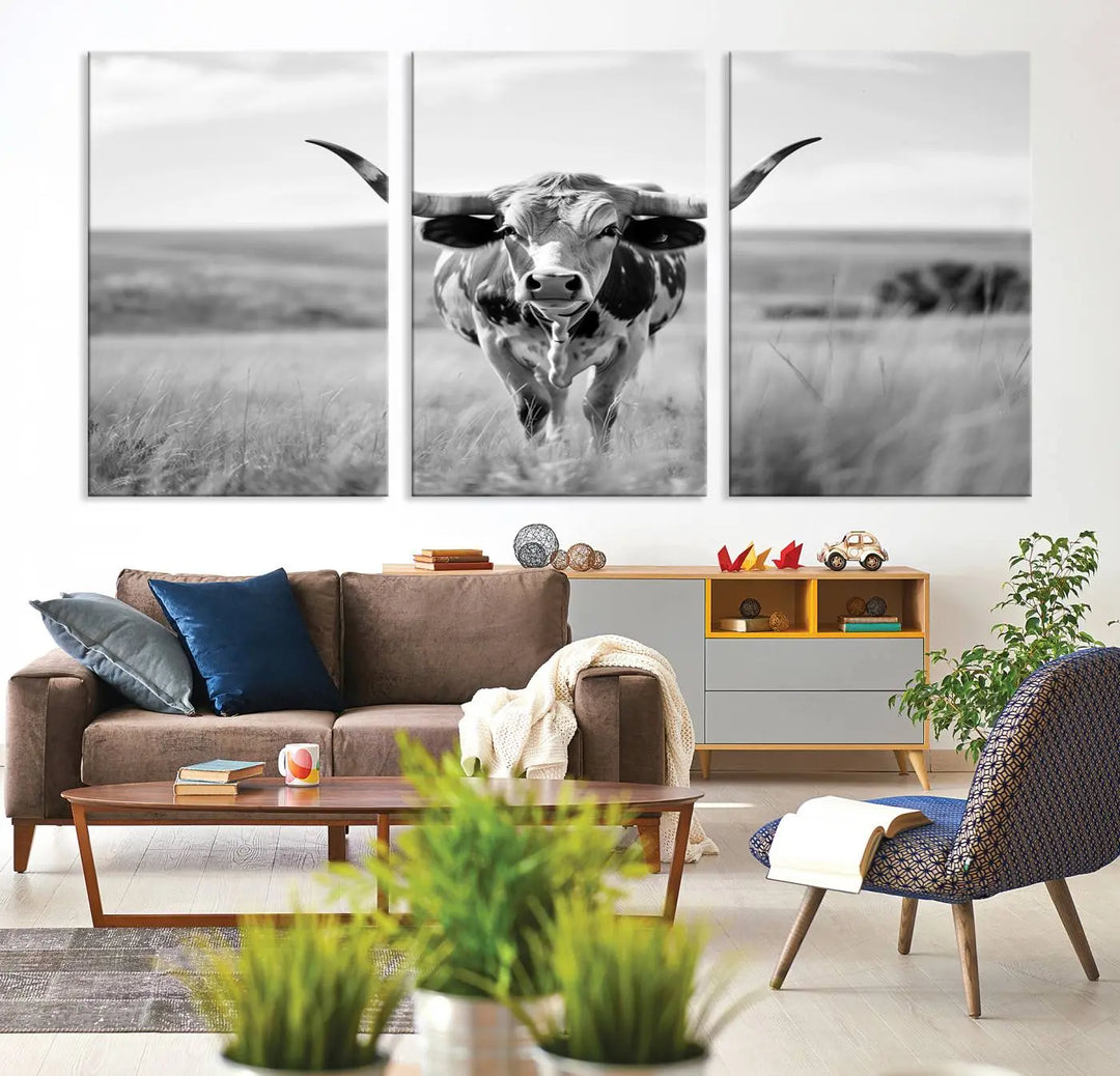 A set of Texas Cow Longhorn Wall Art Canvas Prints is displayed, adding a touch of rustic farmhouse décor.