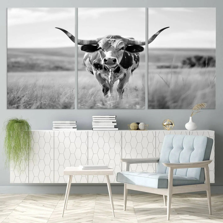 A set of Texas Cow Longhorn Wall Art Canvas Prints is displayed, adding a touch of rustic farmhouse décor.