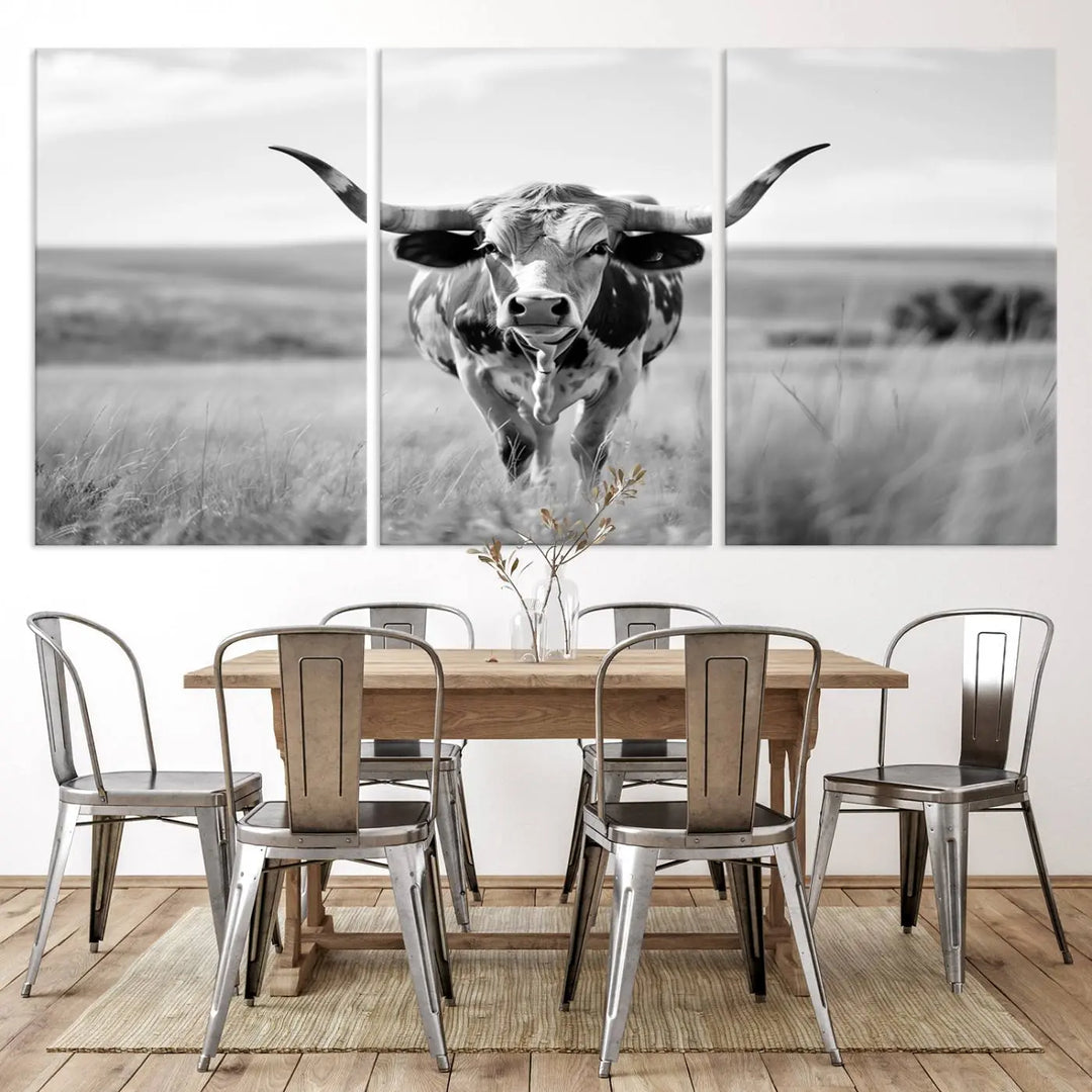 A set of Texas Cow Longhorn Wall Art Canvas Prints is displayed, adding a touch of rustic farmhouse décor.