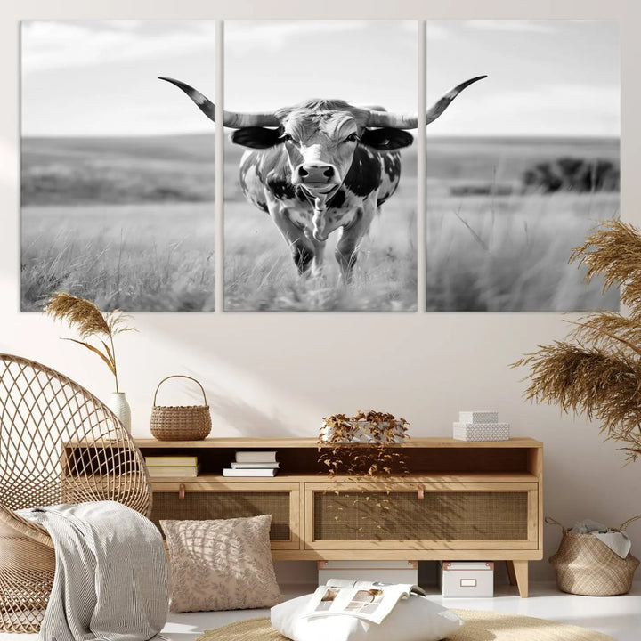 A set of Texas Cow Longhorn Wall Art Canvas Prints is displayed, adding a touch of rustic farmhouse décor.