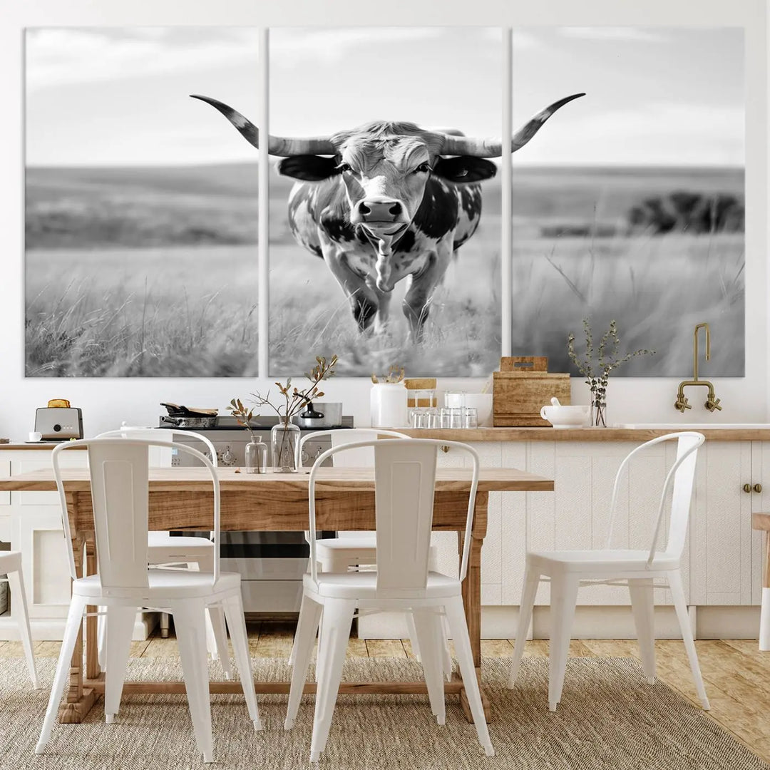 A set of Texas Cow Longhorn Wall Art Canvas Prints is displayed, adding a touch of rustic farmhouse décor.