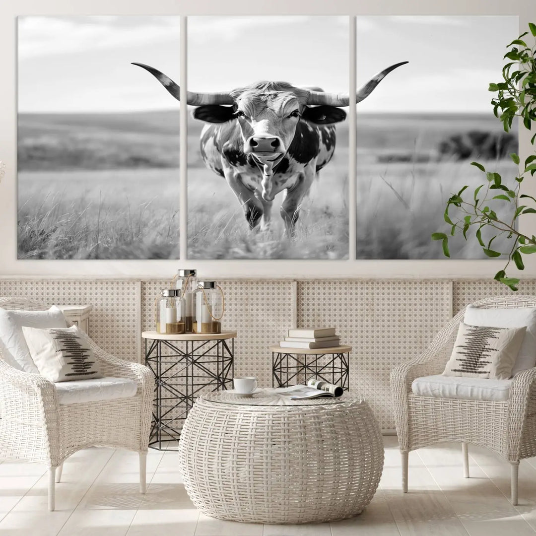 A set of Texas Cow Longhorn Wall Art Canvas Prints is displayed, adding a touch of rustic farmhouse décor.