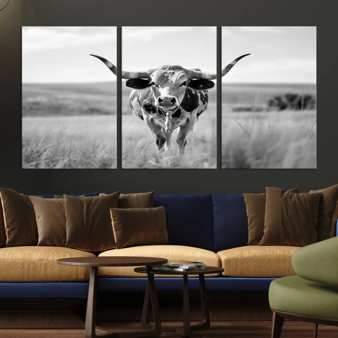 A set of Texas Cow Longhorn Wall Art Canvas Prints is displayed, adding a touch of rustic farmhouse décor.